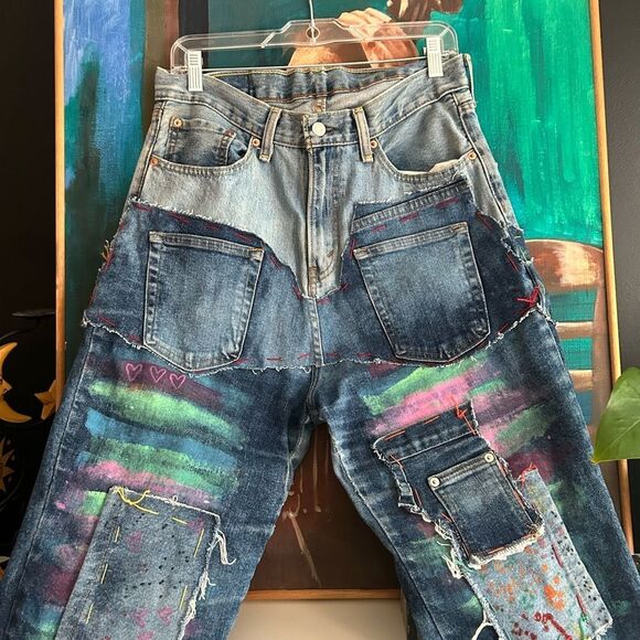 Upcycled Frayed Patchwork Jeans 33" Waist Handmade Streetwear Pants Painted - Picture 3 of 16